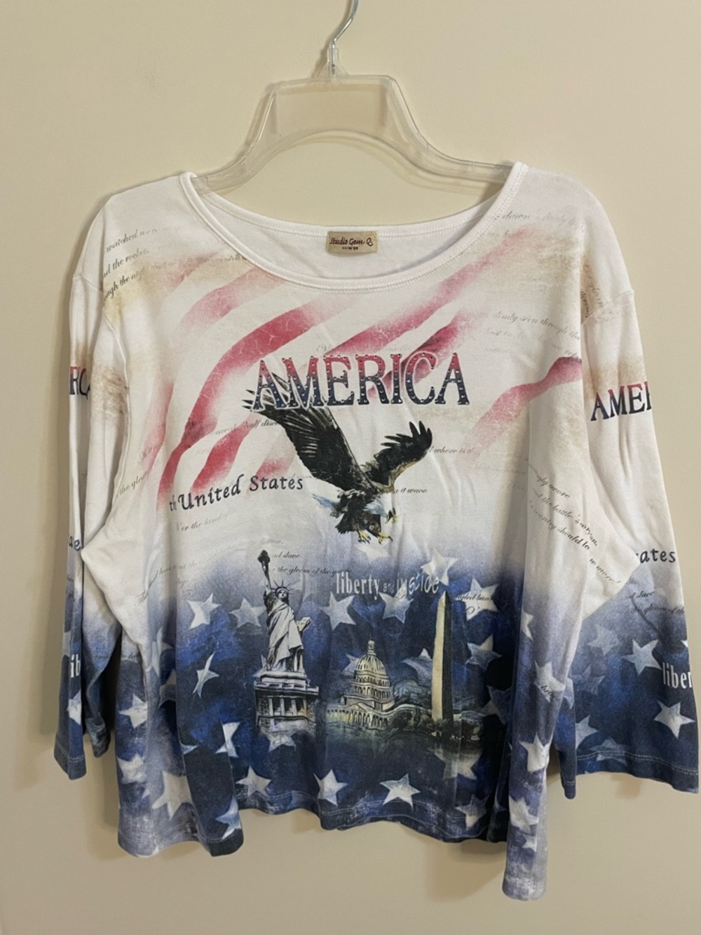 Studio Gem Co. "America" Eagle Graphic Long Sleeve Tee Red White Blue Wm Sz XXL